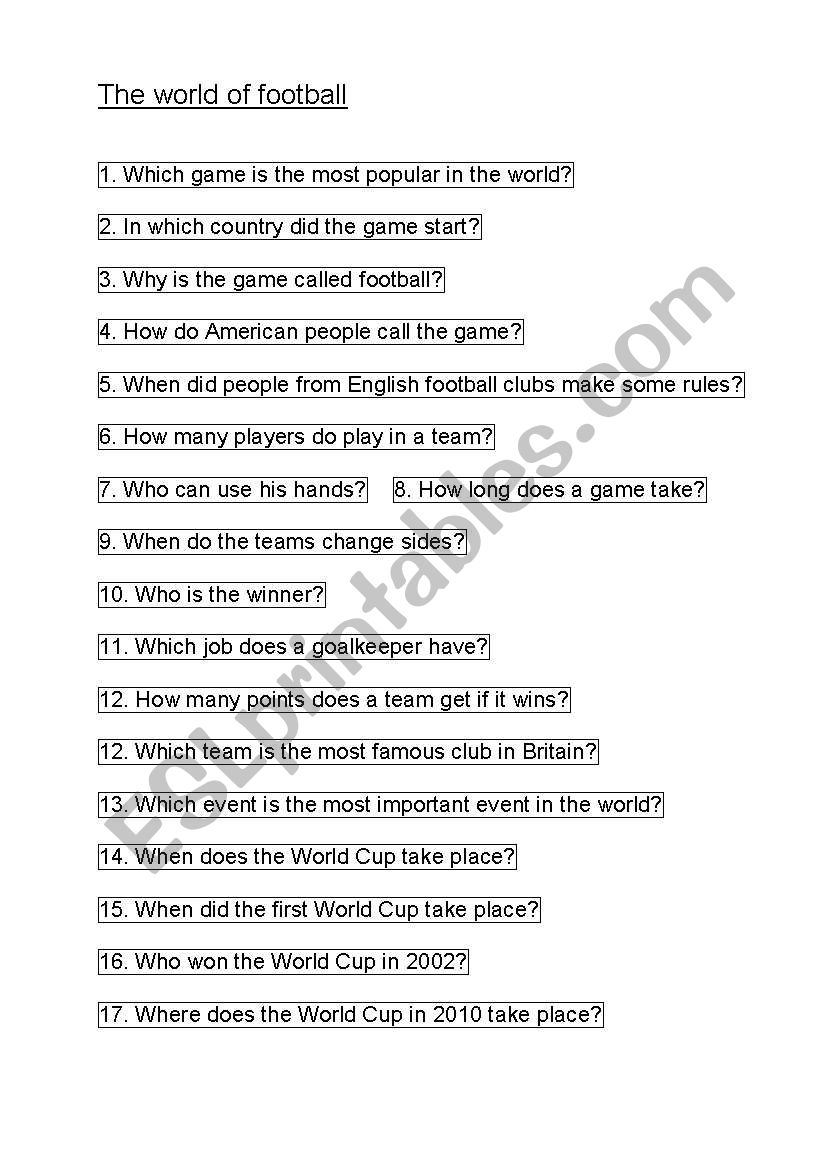 The world of football worksheet