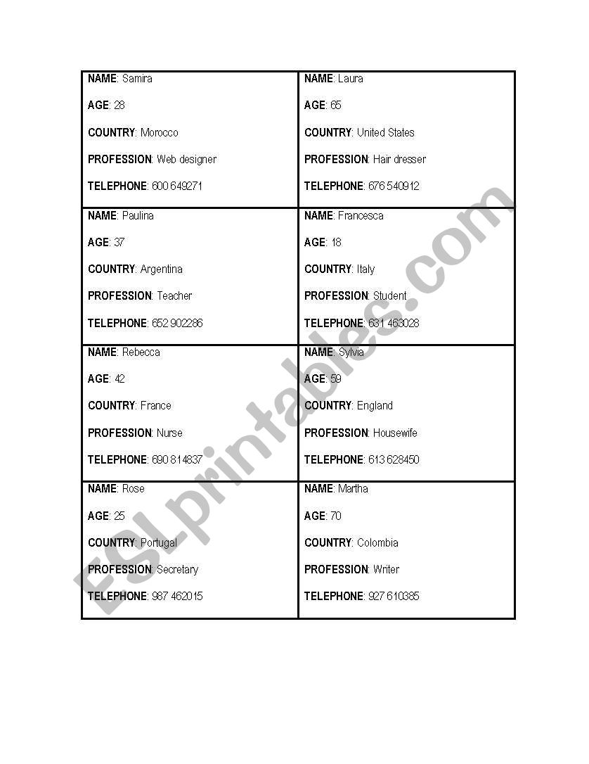 Cards to introduce yourself worksheet