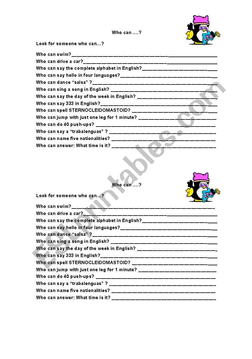 Who can? worksheet
