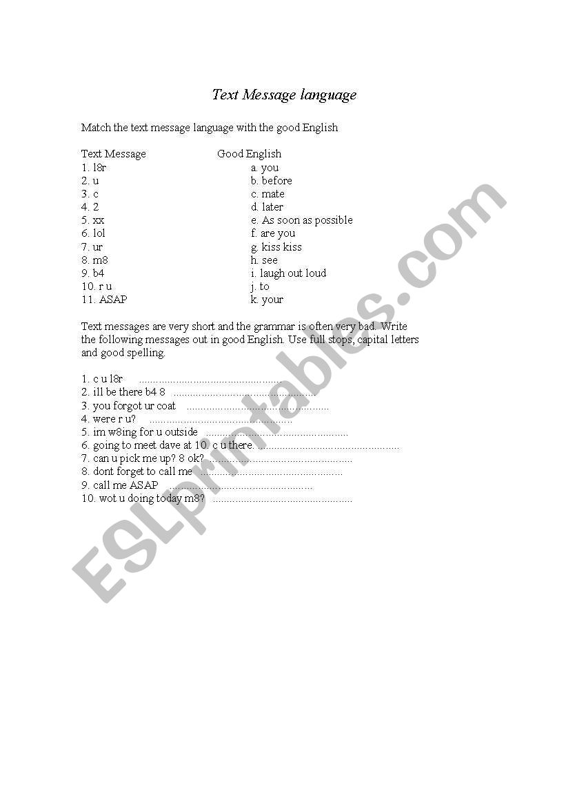 text messaging language worksheet