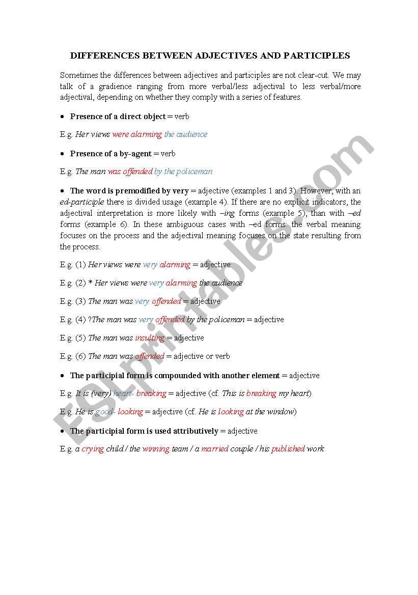 Differences between adjectives and participles