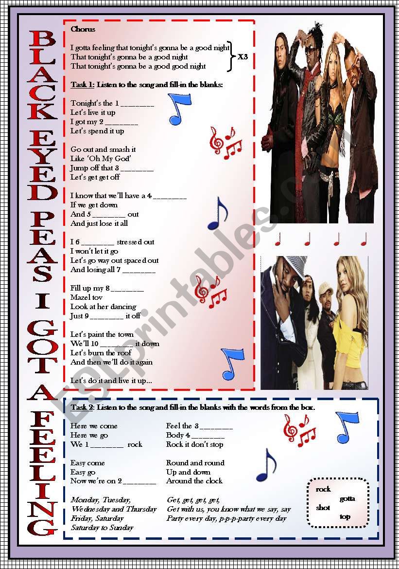 Black Eyed Peas I Got A Feeling-Listening activity-KEY INCLUDED!!!