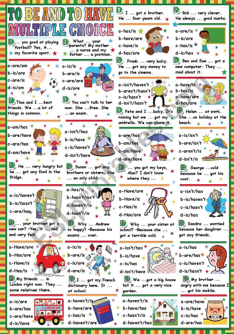 PRESENT OF TO BE AND TO HAVE-MULTIPLE CHOICE (KEY INCLUDED)