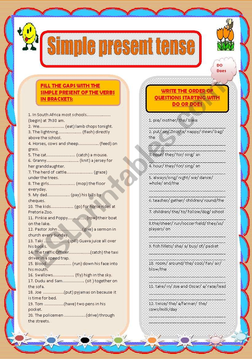 Simple present tense worksheet with order of questions exercise