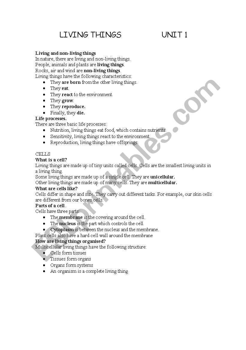 living things worksheet