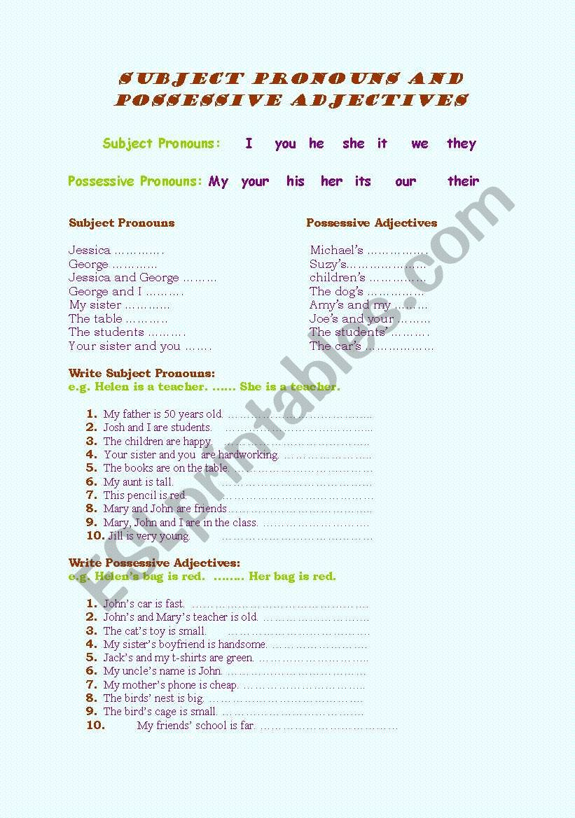 SUBJECT PRONOUNS and POSSESSIVE ADJECTIVES