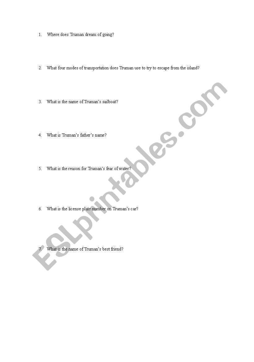 Truman Show Questions worksheet