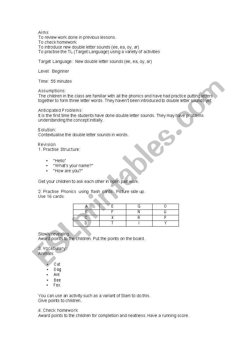 Lesson Plan for Double Letter Sounds