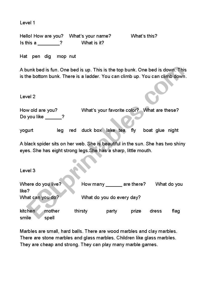 Level test worksheet