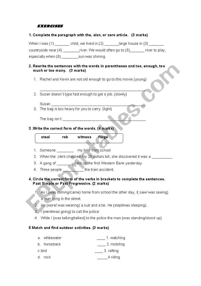 Exercises worksheet