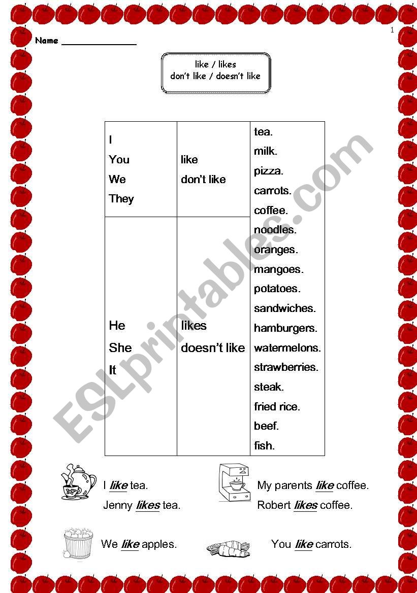 Like and Dislike worksheet