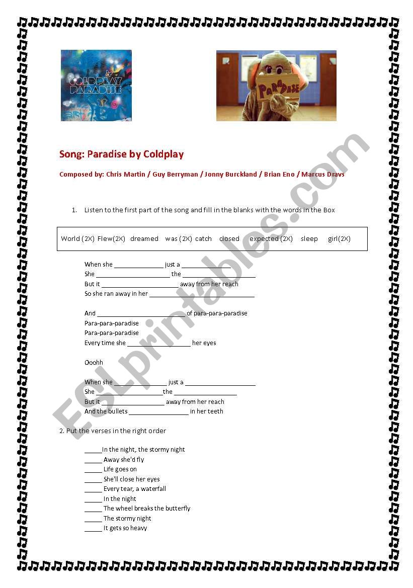 Song Paradise from Coldplay worksheet