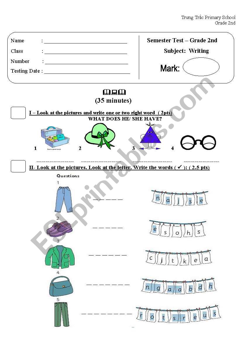 Writing Test 2_Semester Exam worksheet