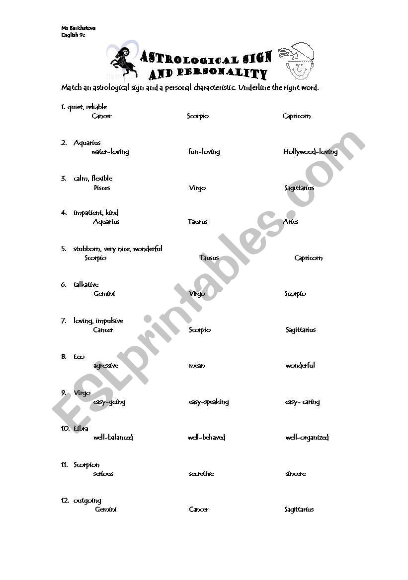 Astrological signs worksheet