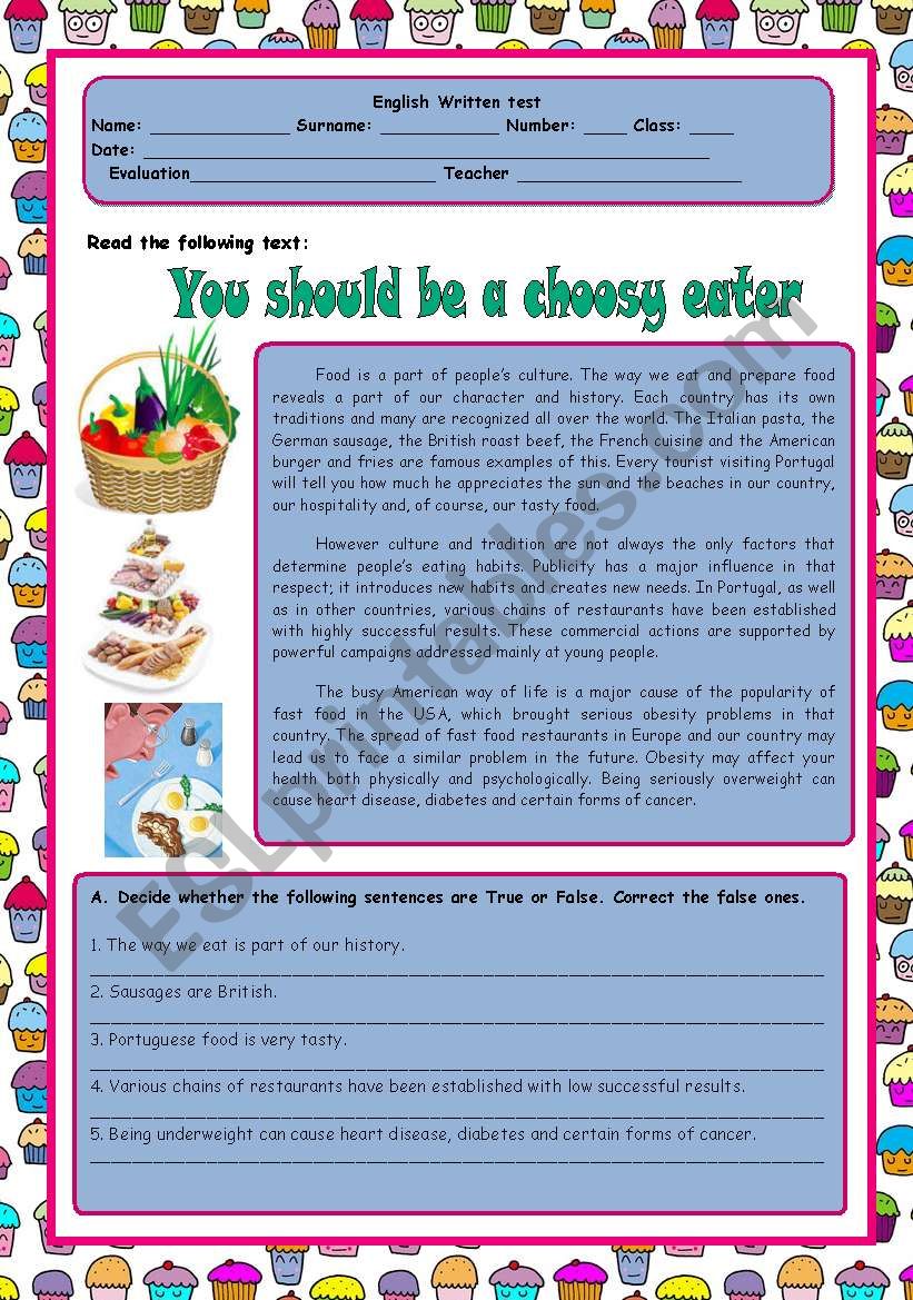 Test - eating habits  worksheet