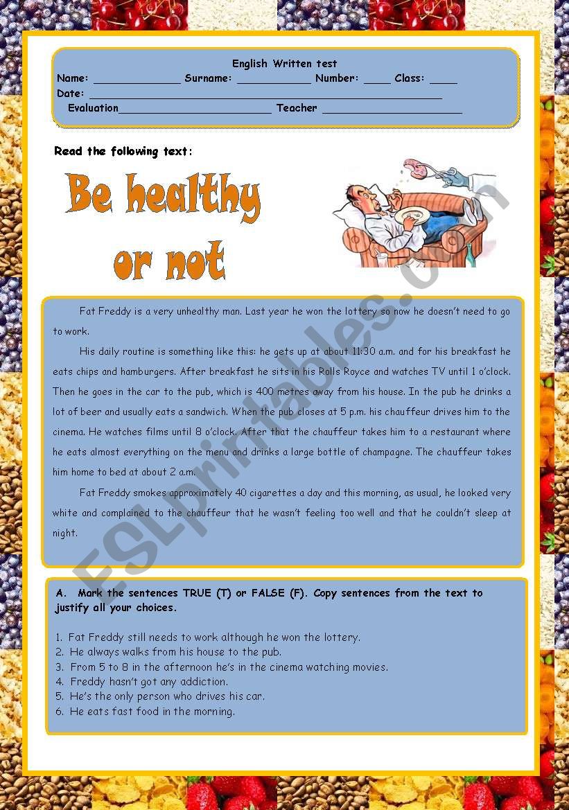 test - be healthy worksheet