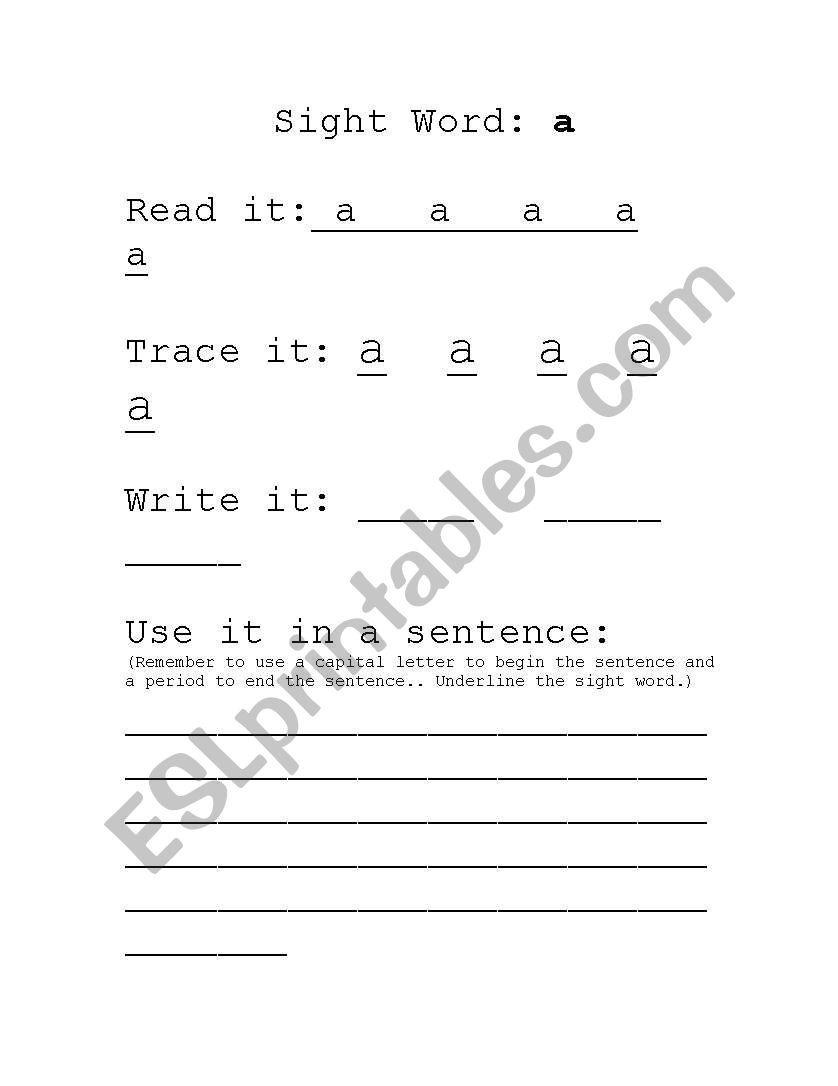 Sight word letter A worksheet