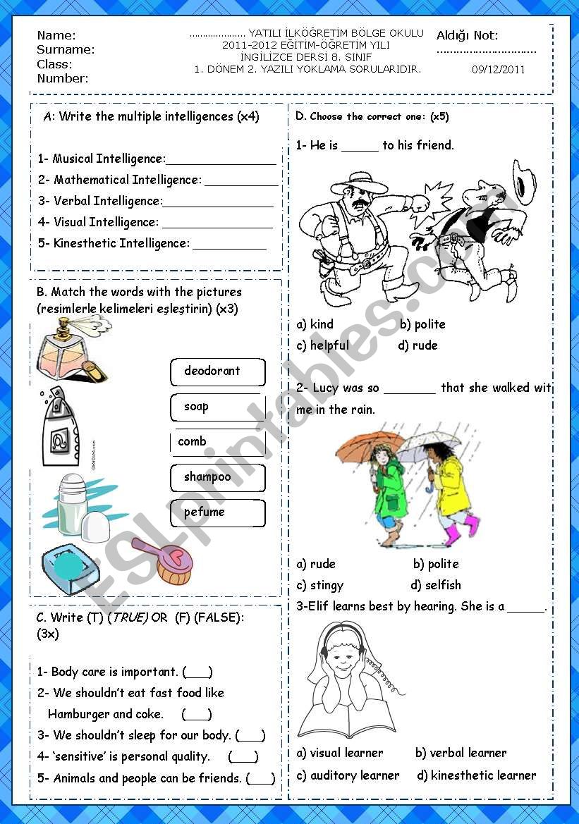 8th grade 1st term 2nd exam  worksheet