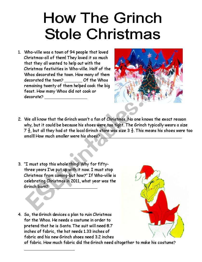 Grinch Math Word Problems worksheet