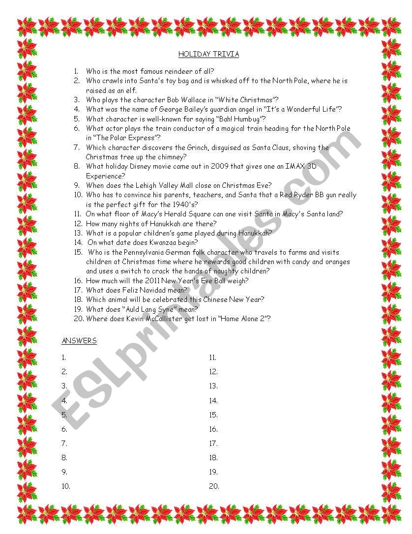 Holiday Trivia worksheet
