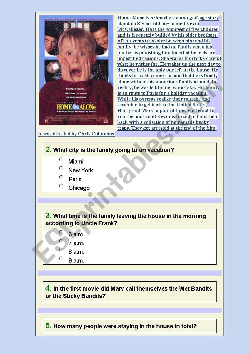 HOME ALONE I. Quiz for students.