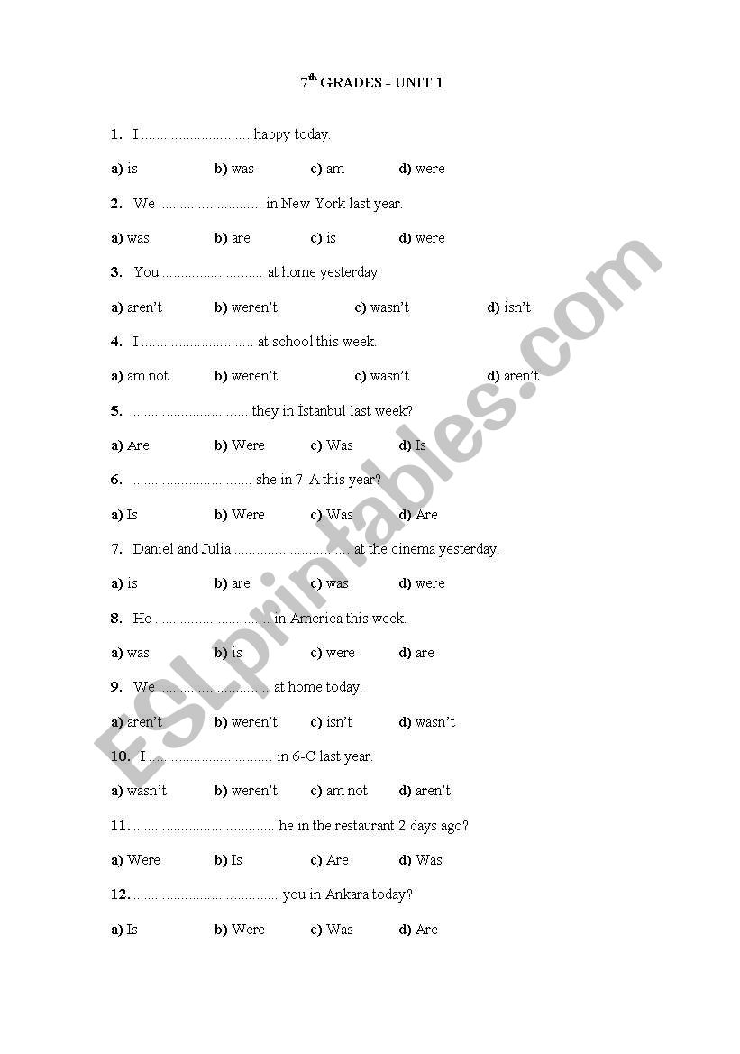 PAST FORM OF TO BE (WAS/WERE) worksheet