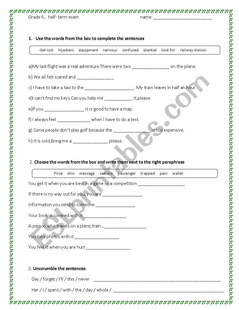 half term test in grade 6 worksheet