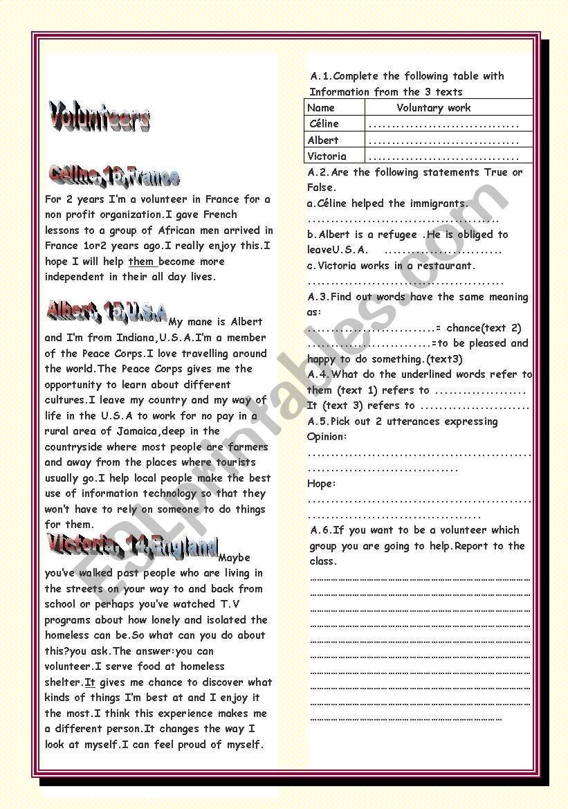 Volunteers worksheet