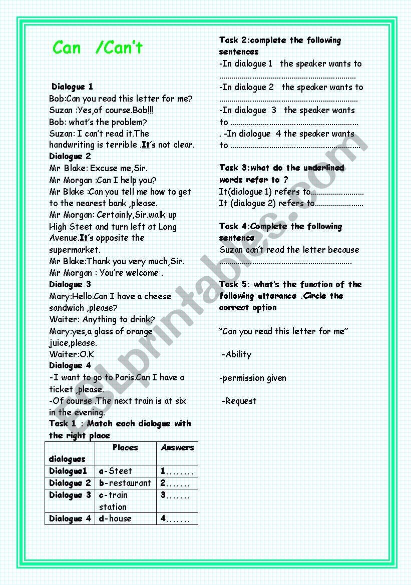 Can/Cant :Ability or Inability /Request  or Offering help