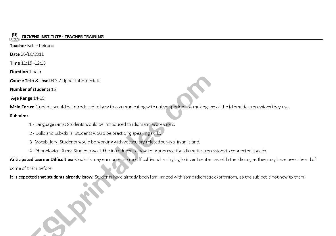 IDIOMATIC EXPRESSIONS worksheet