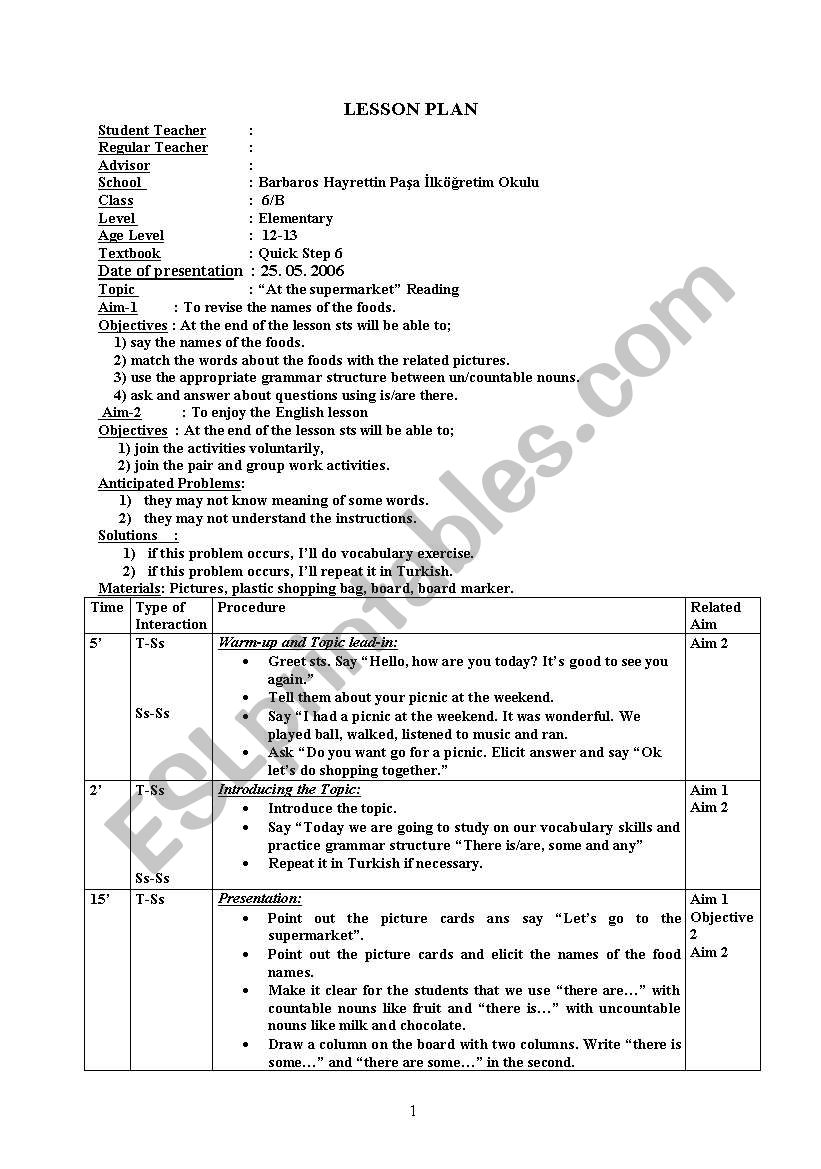 lesson plan food worksheet