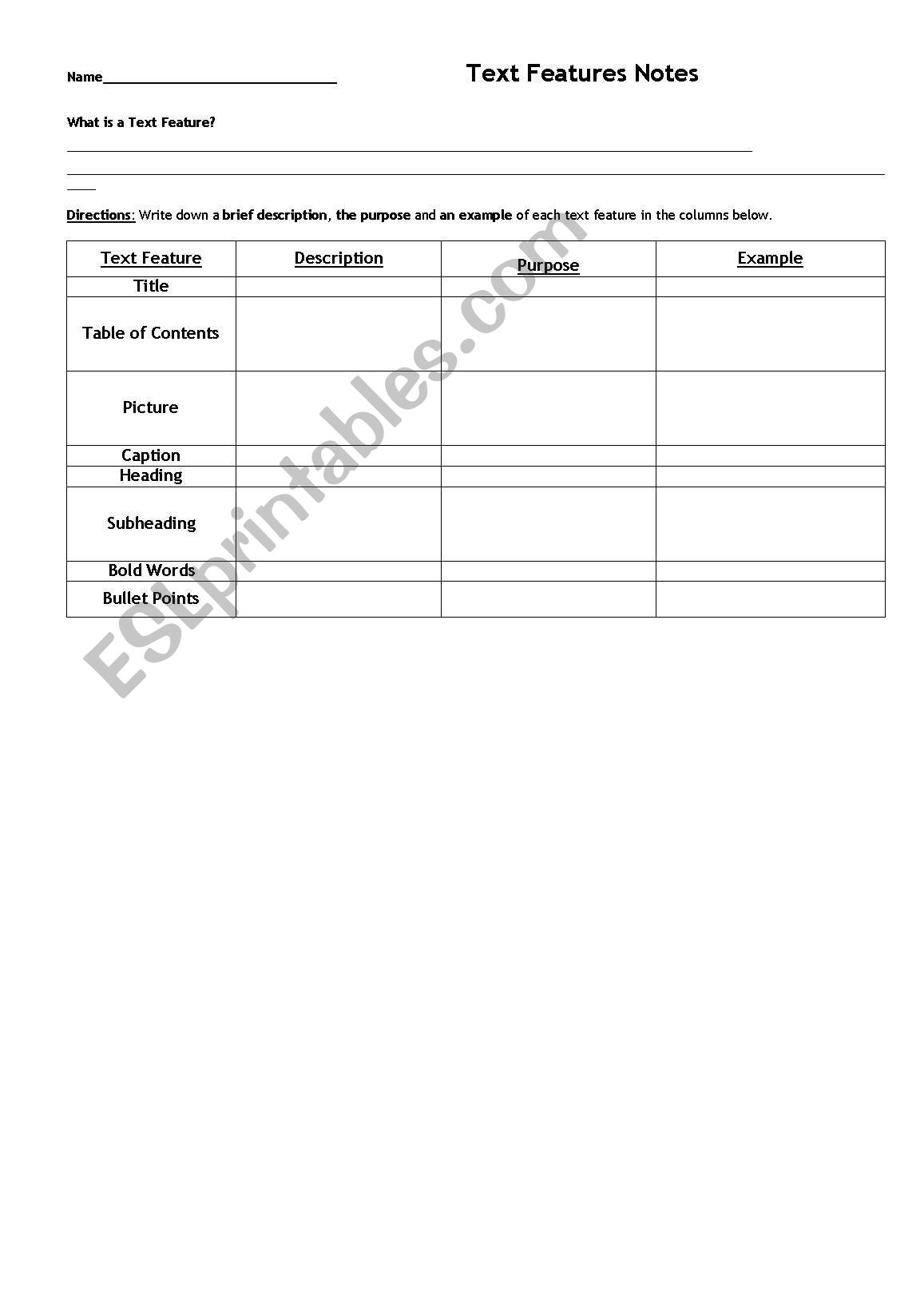 Text Feature Notes worksheet