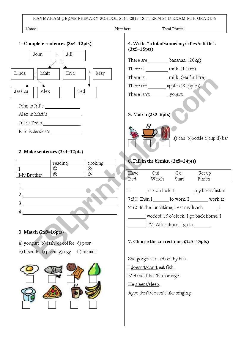 6th grade exam worksheet