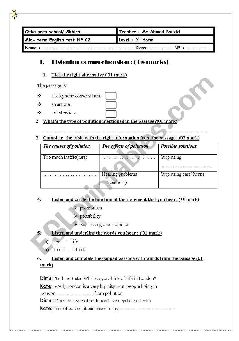 EXAM 9TH FORM (TUNISI) worksheet