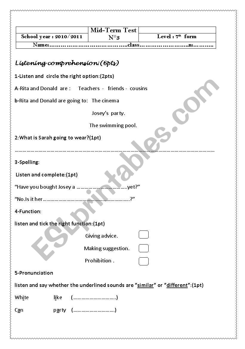 test 7th form worksheet