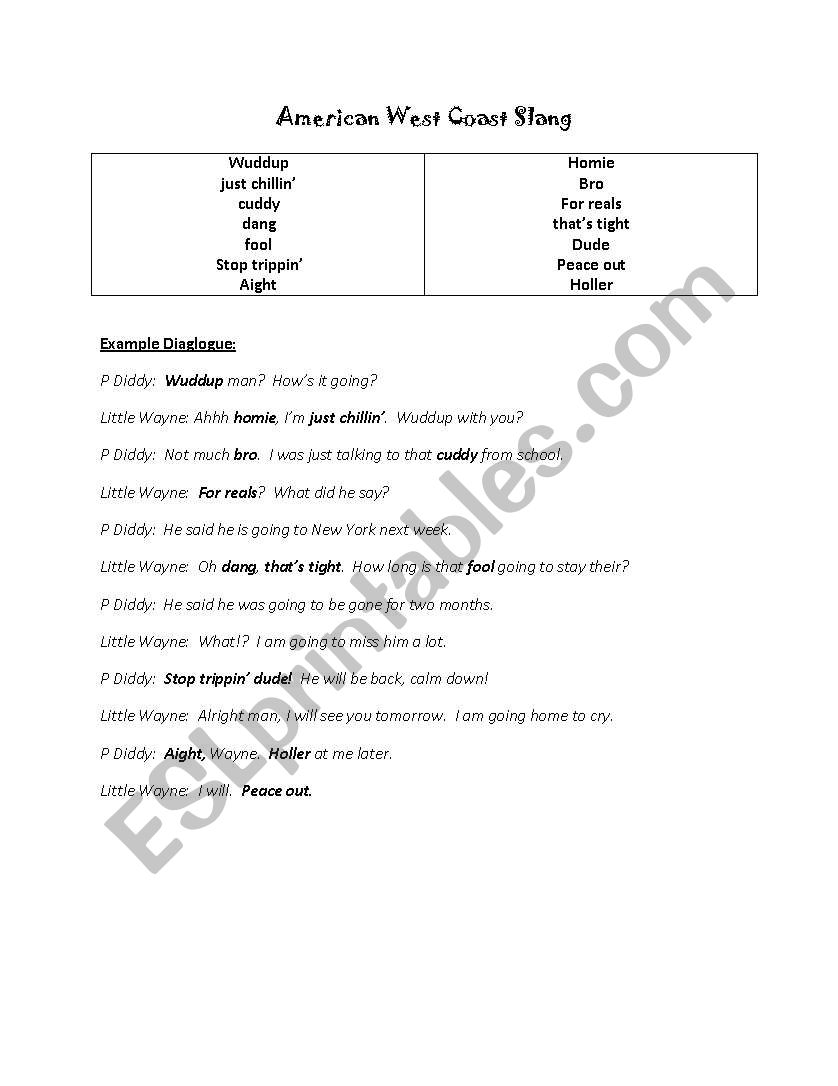 American West Coast Slang worksheet