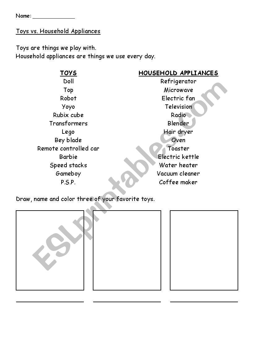 Toys vs. Appliances worksheet