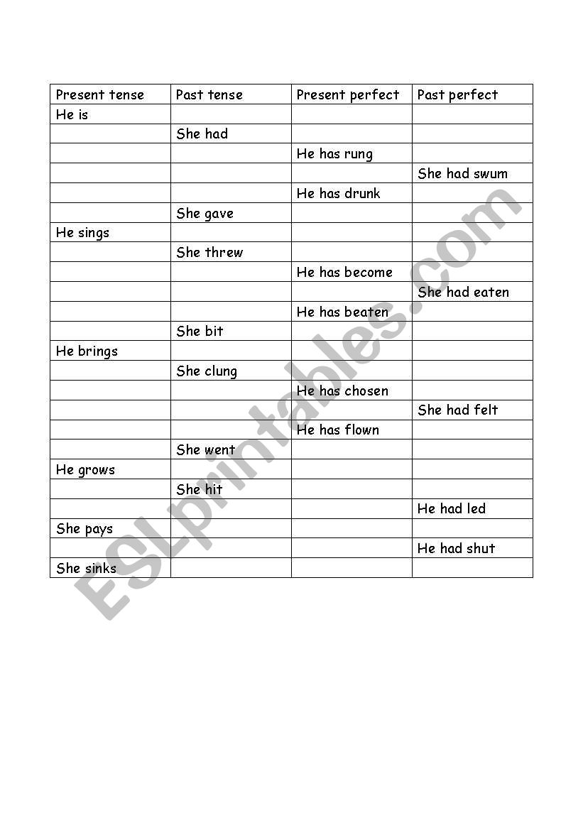 irregular verbs grid worksheet