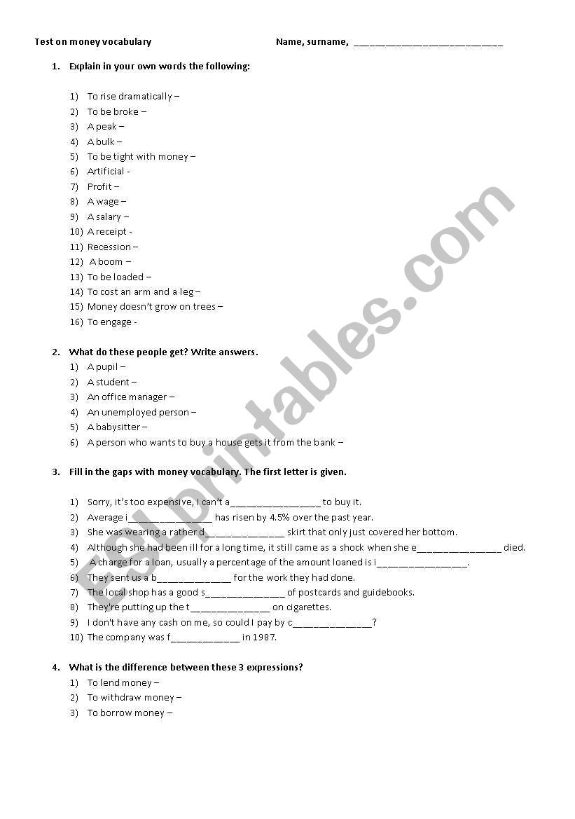 Money vocabulary worksheet