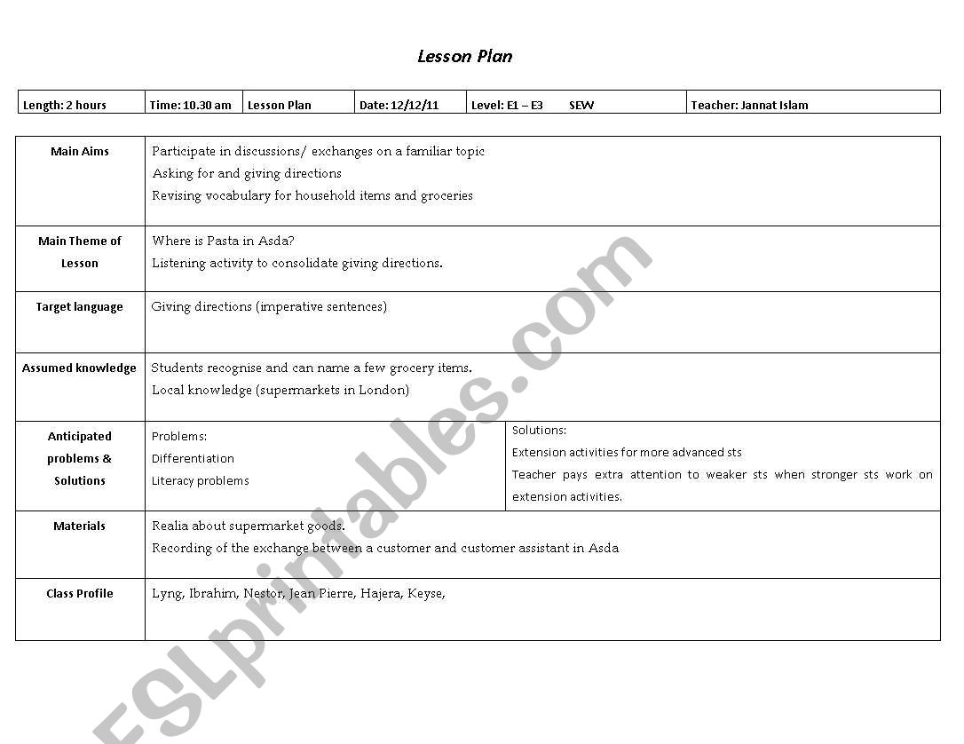 Lesson Plan for giving directions