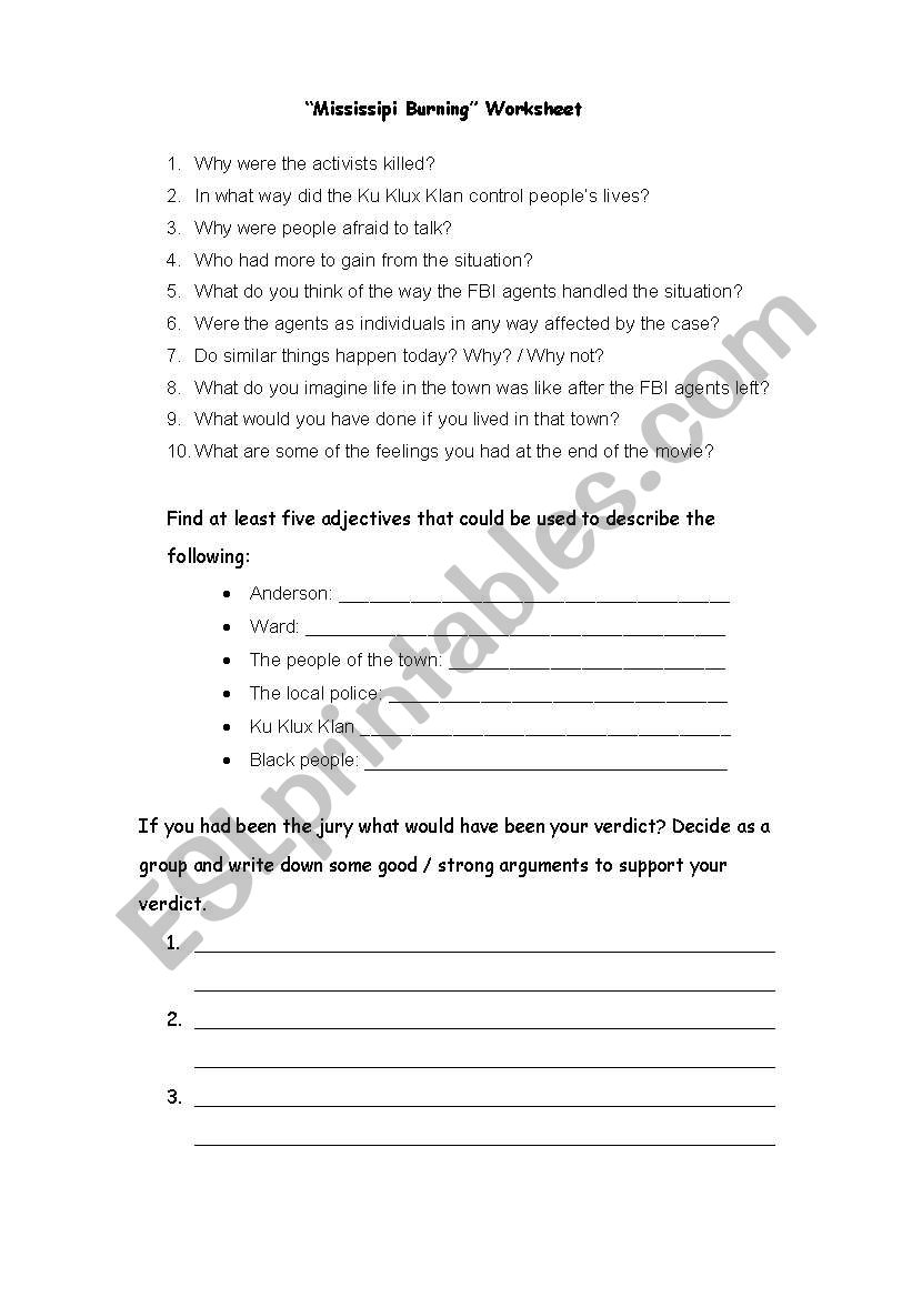 mississipi burning worksheet