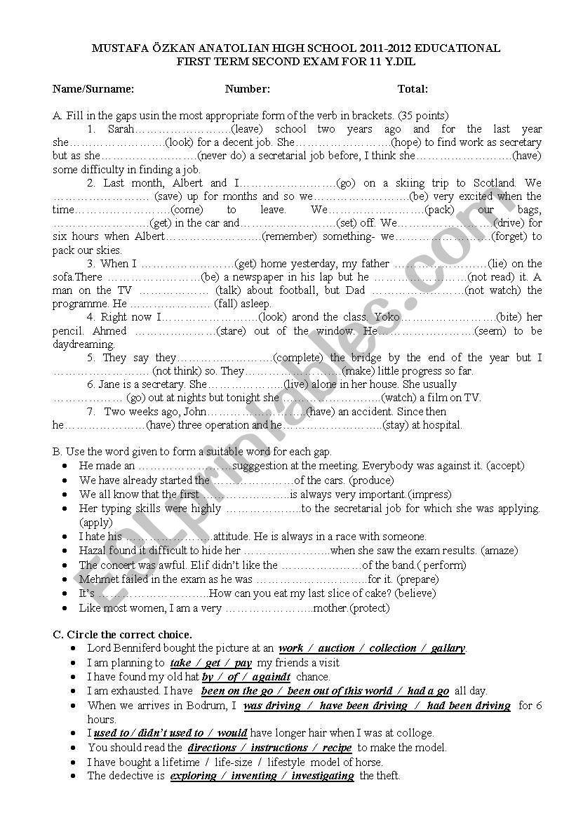 Intermediate exam worksheet