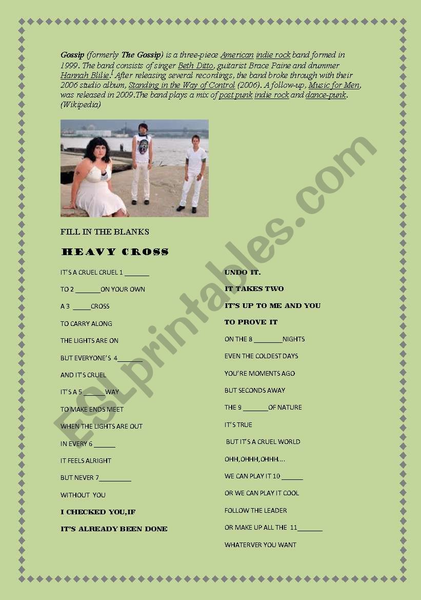 SONG: HEAVY CROSS, BY GOSSIP worksheet