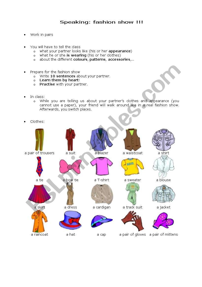 Fashion show part 1 of 3 worksheet