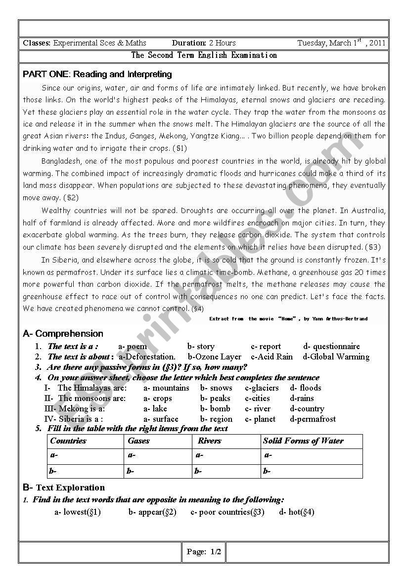 Global warming worksheet