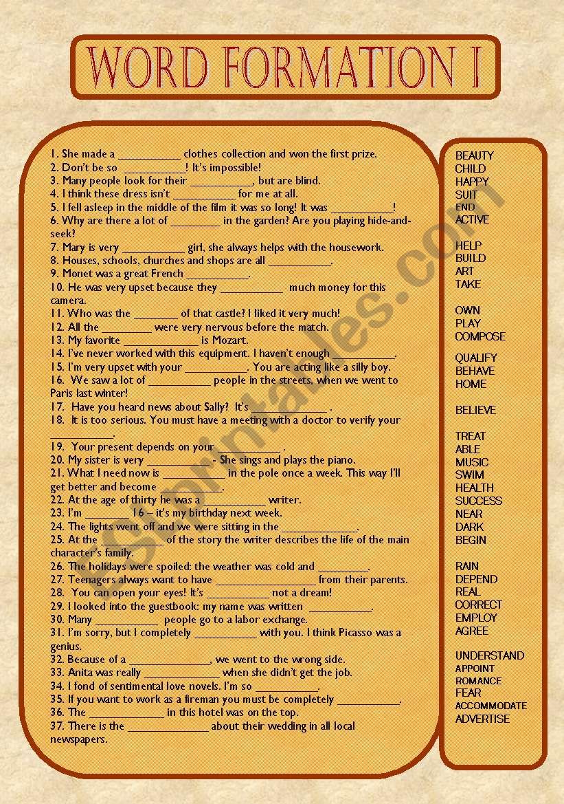 Word Formation + Keys worksheet