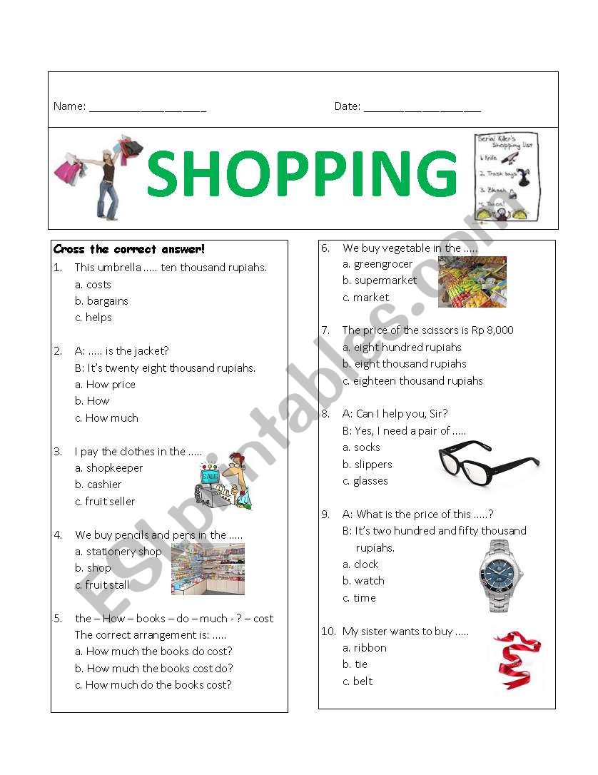 Shopping worksheet