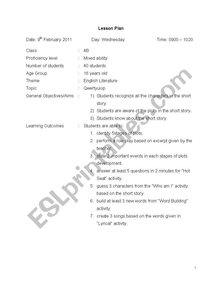 Lesson Plan for teaching literature