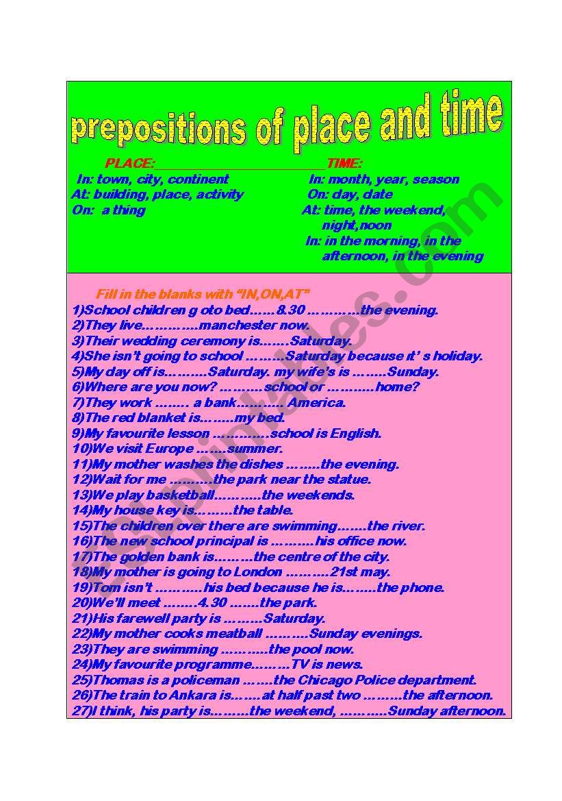 prepositions of place and time