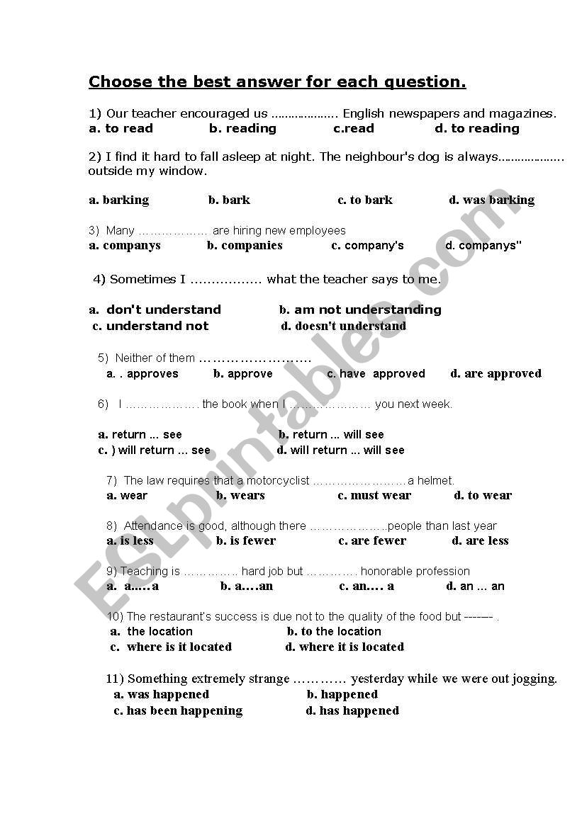 Grammar test worksheet